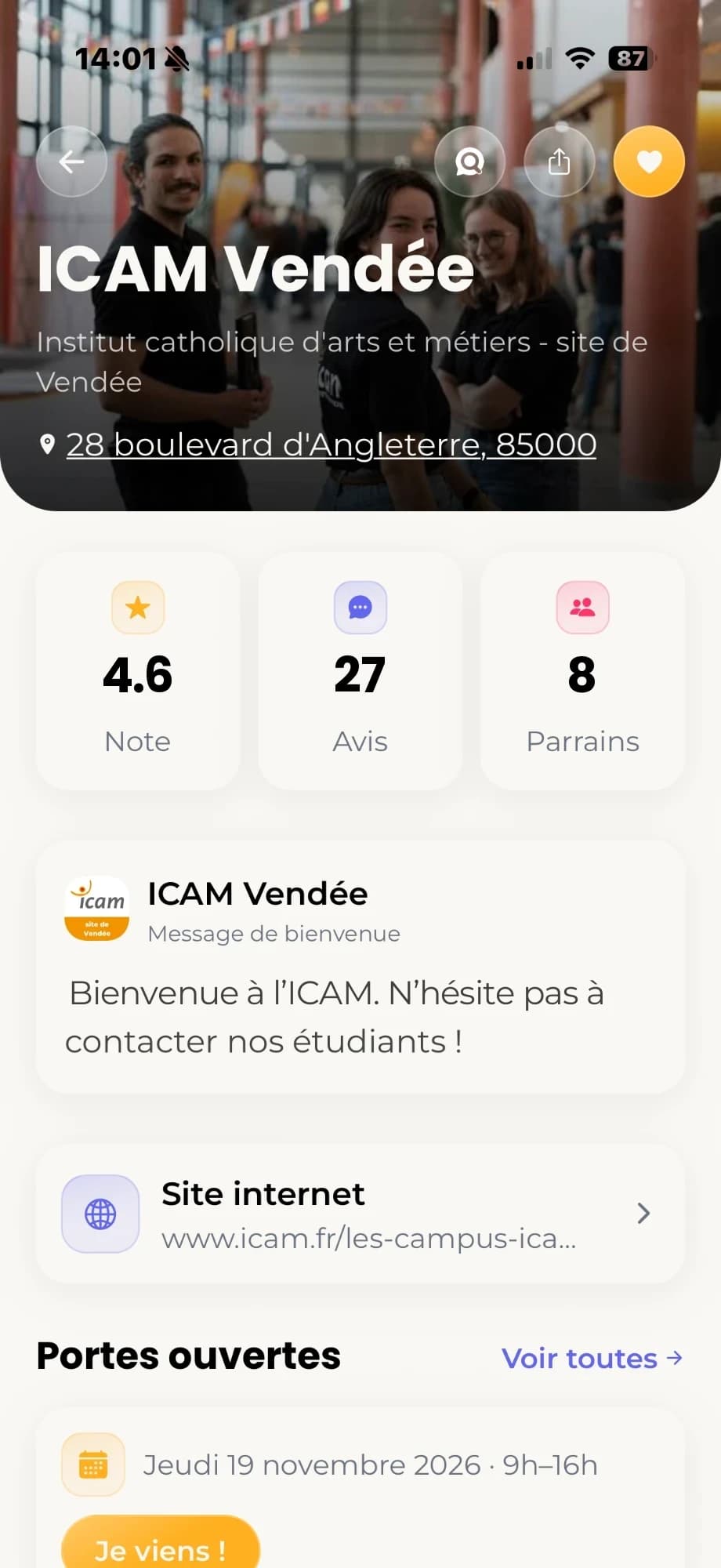 Page de l'ICAM Vendée dans l'application : note, avis, parrains, message de bienvenue et portes ouvertes.