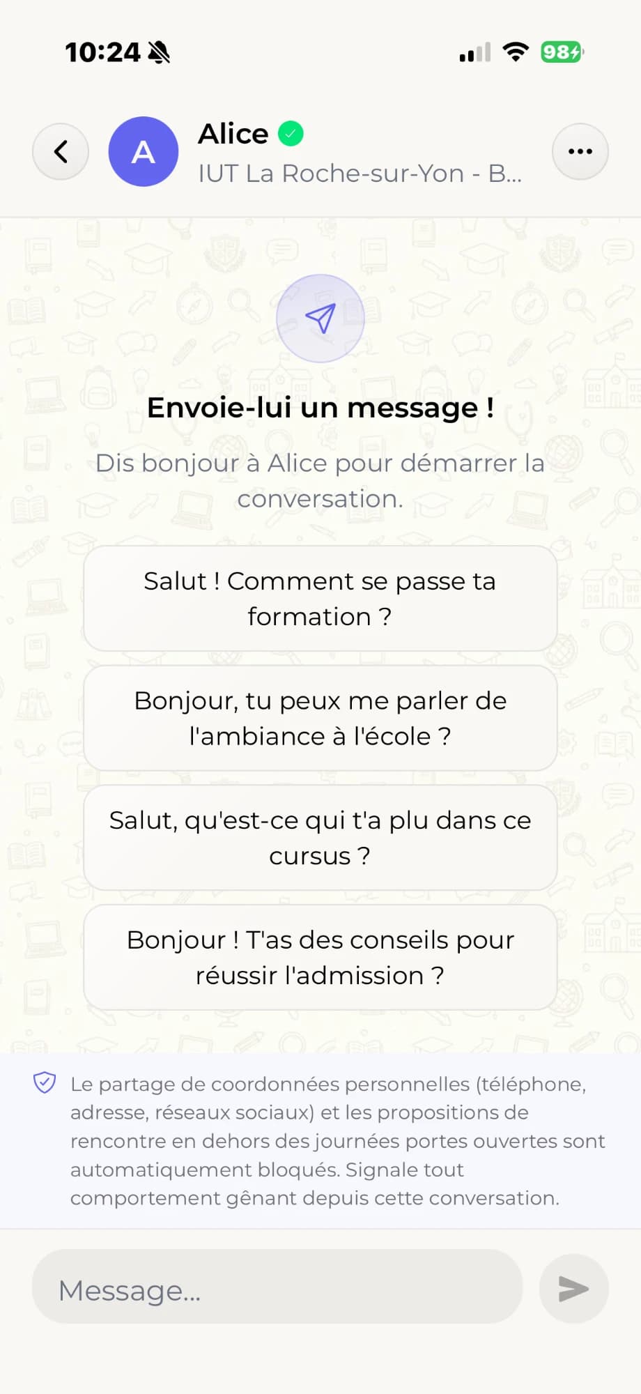 Début de conversation avec un parrain certifié, avec des suggestions de premières questions.
